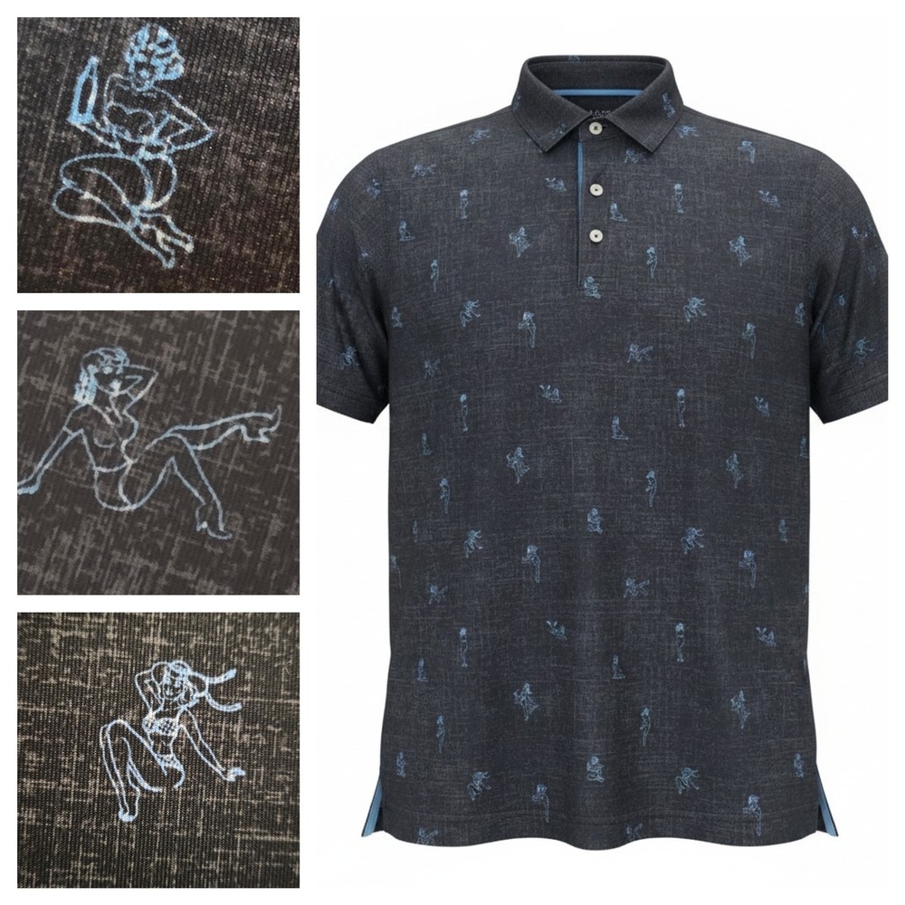Johnnie-O Polo Golf Shirt Mens M Gray Pin-Up Girl Print Performance Stretch 1899